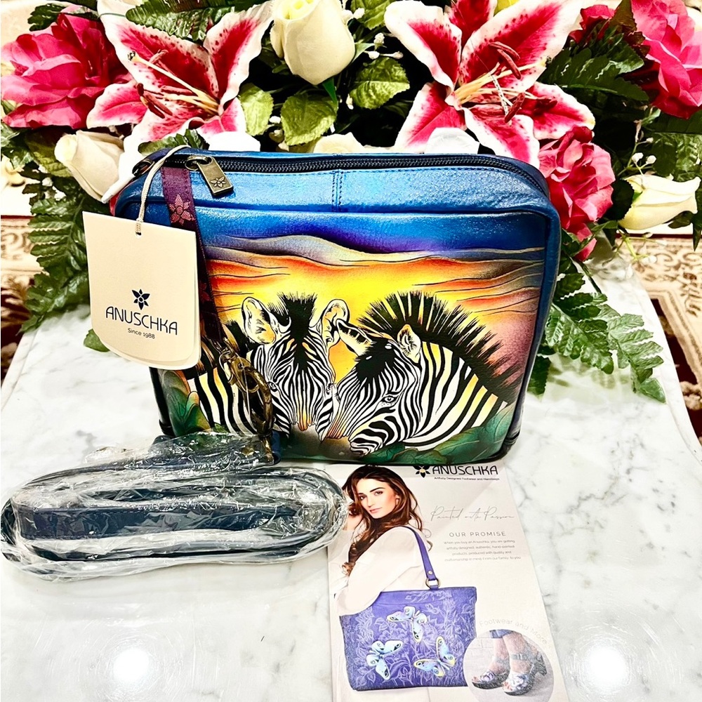 Anuschka Zebra Hand Painted Leather Crossbody Organizer